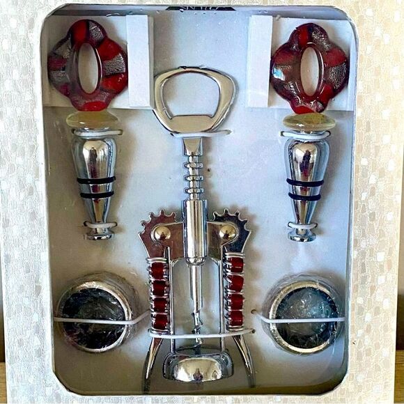 NWT New Wild Eye Designs Red & Silver 5 Piece Wine Gift Set. Holidays Christmas - Picture 1 of 7
